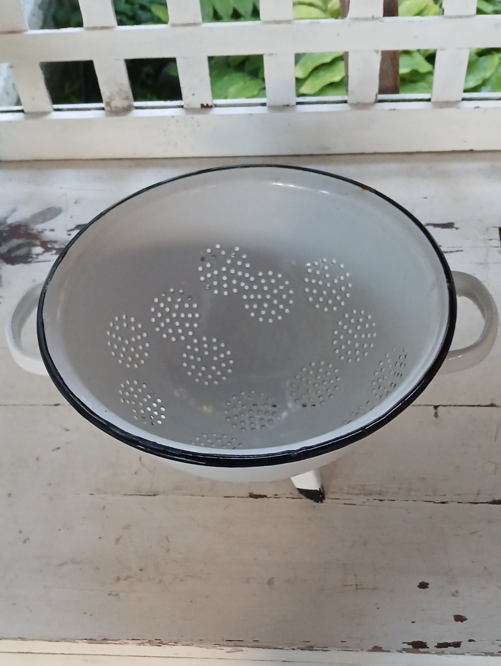 Vintage Enamel Colander / Strainer White with Black Rim